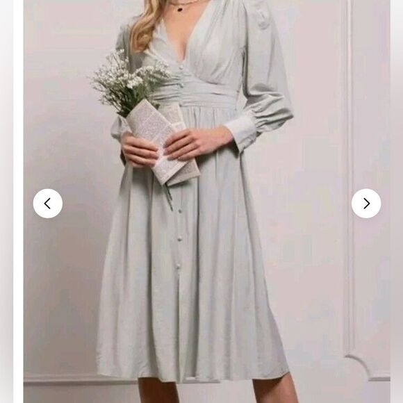 By The River Muted Mint Green Silver Accent LongSleeve Midi Dress Peasant Boho - Picture 1 of 9